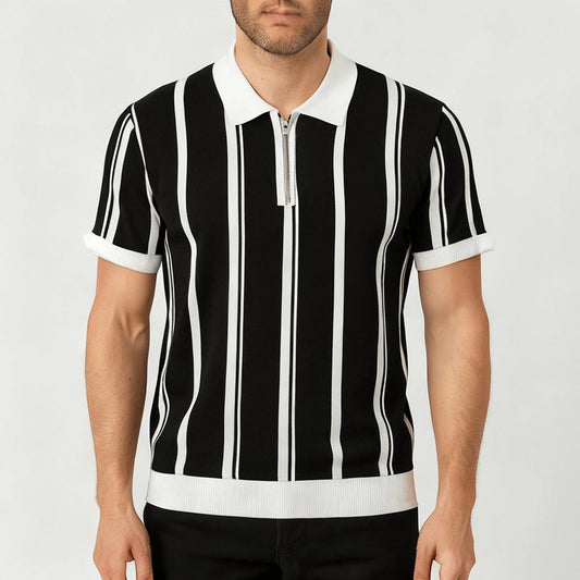 Koszulka polo z dzianiny z suwakiem do połowy i paskami retro